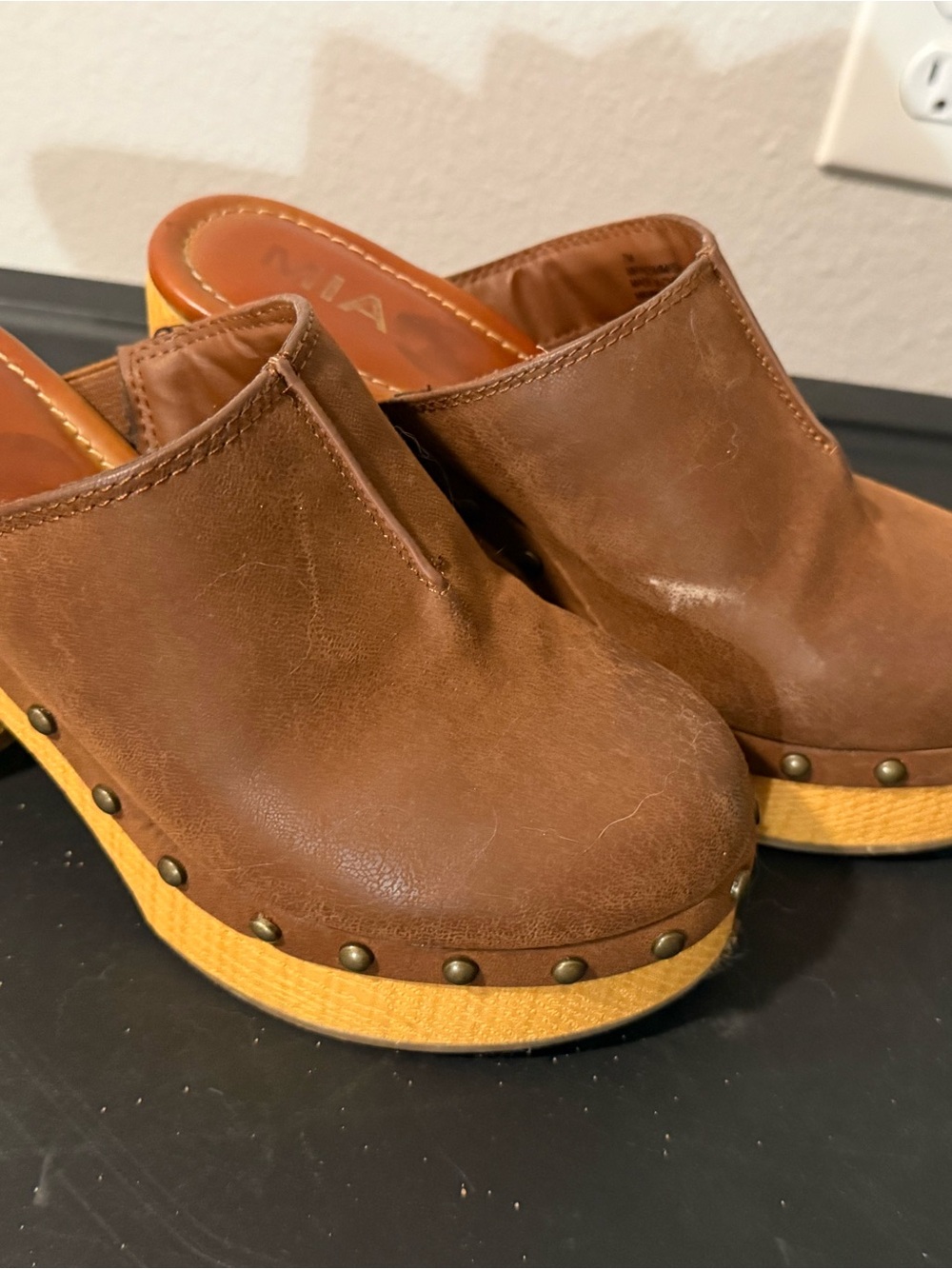 MIA Brown Leather Studded Clog Mules